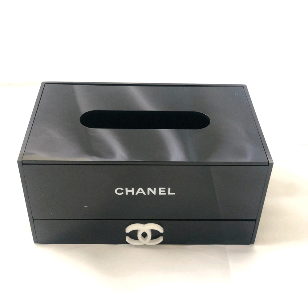 Black Tissue Holder With A Bottom Drawer For Storage - Picture 2 of 5